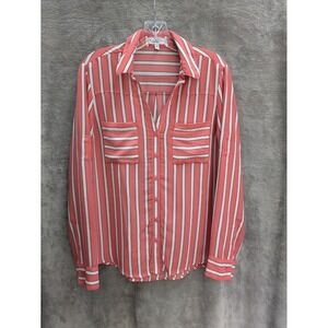 Express The Portofino Shirt‎ Women's Medium Coral Striped Pocket Office Business